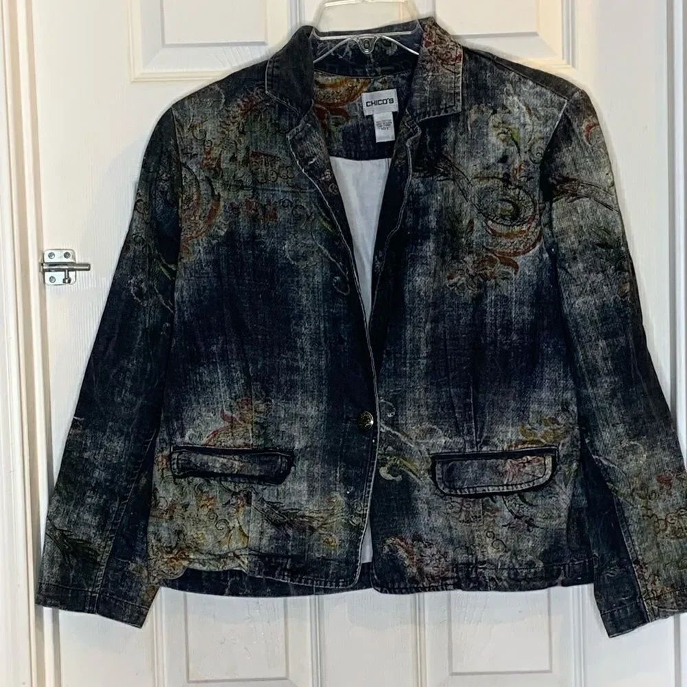 Chico's Print Jacket Blazer Cotton Denim Transition Piece Sizeโ2/Medium